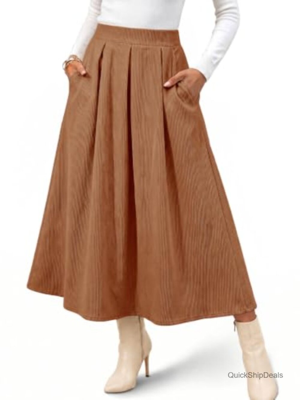 Corduroy A-Line Pleated Maxi Skirt High Waist Fall Winter